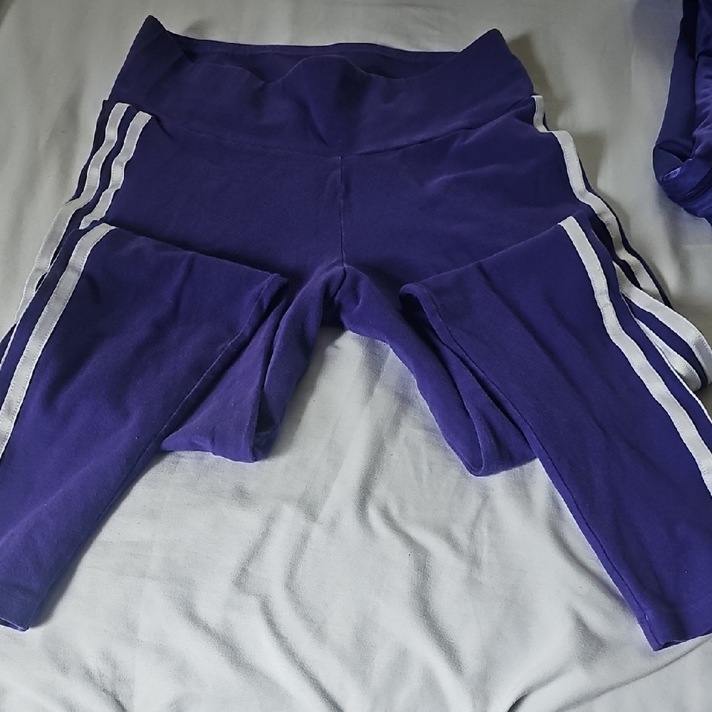 Adidas Purple and White Leggings with Signature Stripes